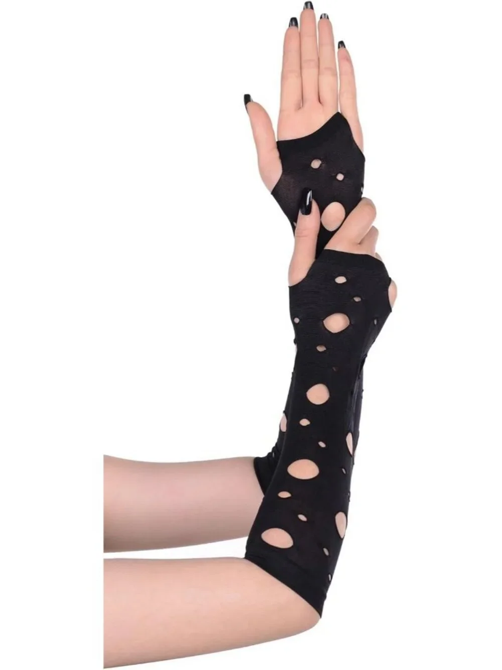 Women's Black Long Hole Cutout Arm Warmers Fingerless Distressed Gothic Gloves